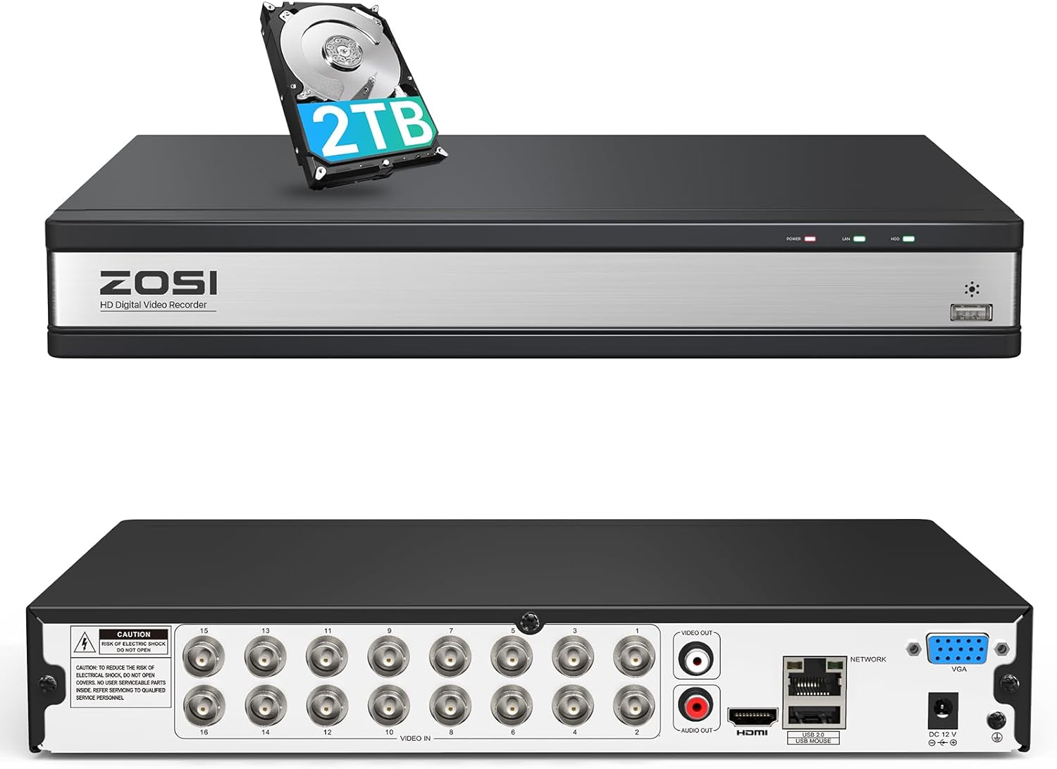 ZOSI 16CH 1080p DVR Recorder mit 2TB Festplatte, Hybrid 4in1 AHD CVI TVI CVBS H.265+ 2MP Receiver, Bewegungserkennung, App E-Mail Sofortwarnung