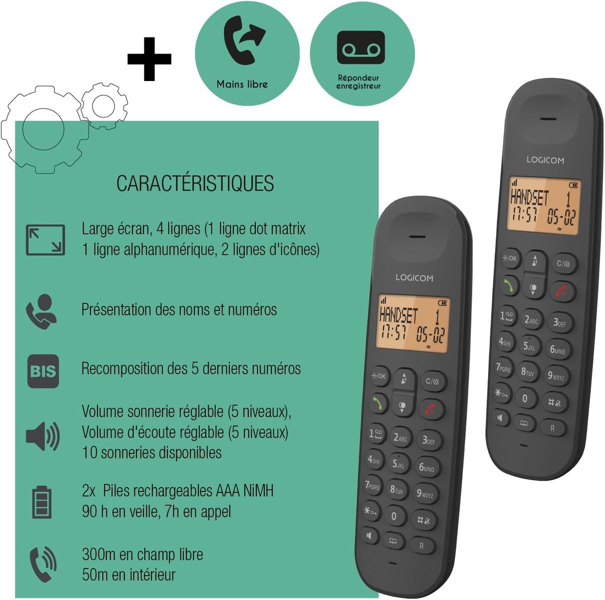 Logicom ILOA 255T Schnurloses Festnetztelefon Duo mit Anrufbeantworter, DECT/GAP, 7 Std Gesprächszeit, 90 Std Standby, Schwarz, EU Stecker
