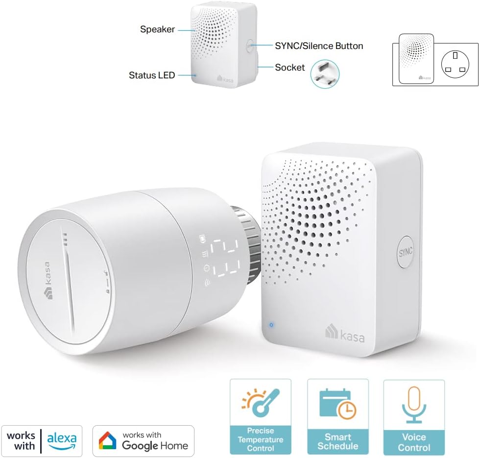 TP-Link Kasa Smartes Heizkörperthermostat-Starter-Set, intelligentes Heizkörperventil, energiesparend, LED-Display, intelligenter Zeitplan, funktioniert mit Alexa und Google Home, Keine Brücke