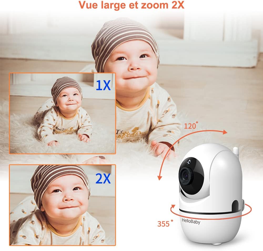 Hellobaby Babyphone Kamera, 3,2 Zoll Baby Phone mit Videokamera, 360° PTZ Babykamera Überwachung mit VOX, Nachtsicht, Temperatursensor, bidirektionales Audio, Videotelefon für Babys