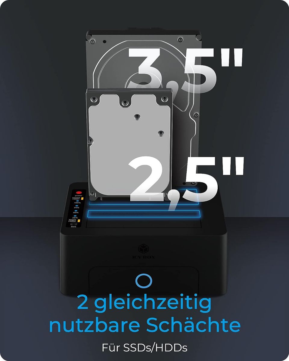 ICY BOX Dual HDD / Festplatten Docking Station USB 3.0 für SATA 2,5 Zoll & 3,5 Zoll, Festplatten Klonstation & Lesegerät, Adapter, Extern, Schwarz, IB-1232CL-U3