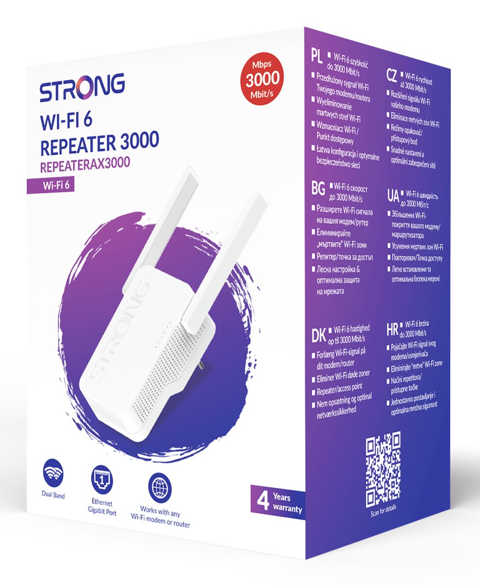 Strong AX3000 Netzwerk-Repeater, Wi-Fi 6 (802.11ax) Dual-Band 2,4/5 GHz, 3000 Mbit/s, Gigabit LAN, Externe 2x2 Antennen, EU Steckertyp C, Weiß