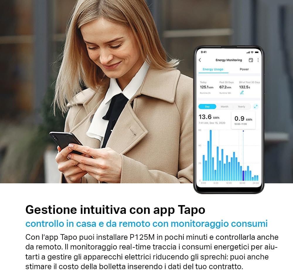 TP-Link Tapo P125M Matter italienische Smart-Steckdose, Energieüberwachung, WiFi Smart Plug, kompatibel mit Alexa und Google, Sprach- und Fernbedienung, Zeit der Vorwahl