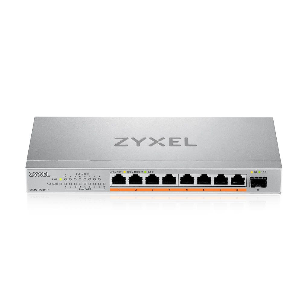 Zyxel XMG-108HP Unmanaged 8-Port 2.5G PoE++ Switch, 8x 2.5G RJ45, 1x SFP+, 100W PoE, DC-Netzteil, 60 Gbit/s