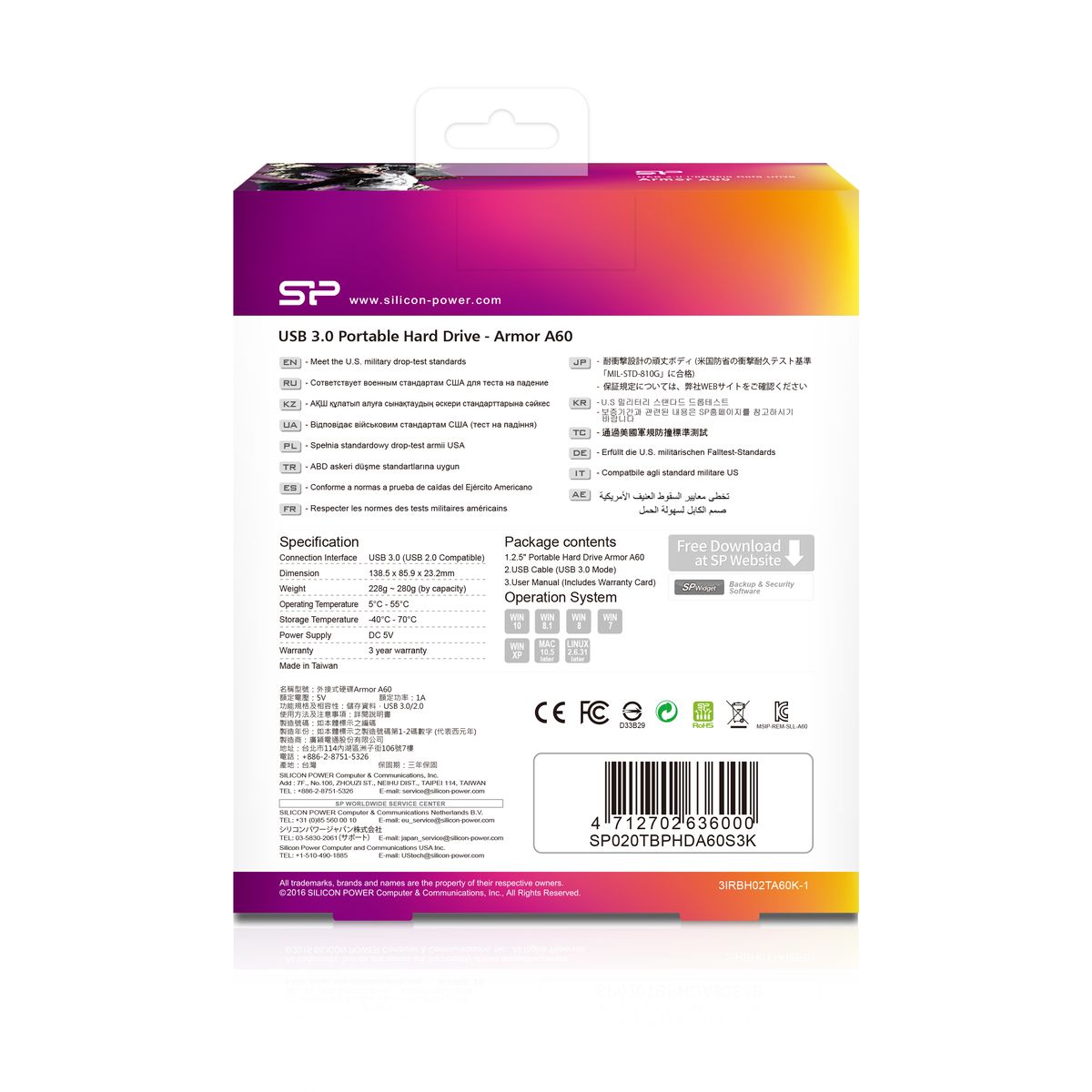 Silicon Power Armor A60 Externe Festplatte 2 TB 2,5" USB Typ-A 3.2 Gen 1 (3.1 Gen 1) Schwarz, Stoß- & Wasserfest, IPX4, 256-bit AES