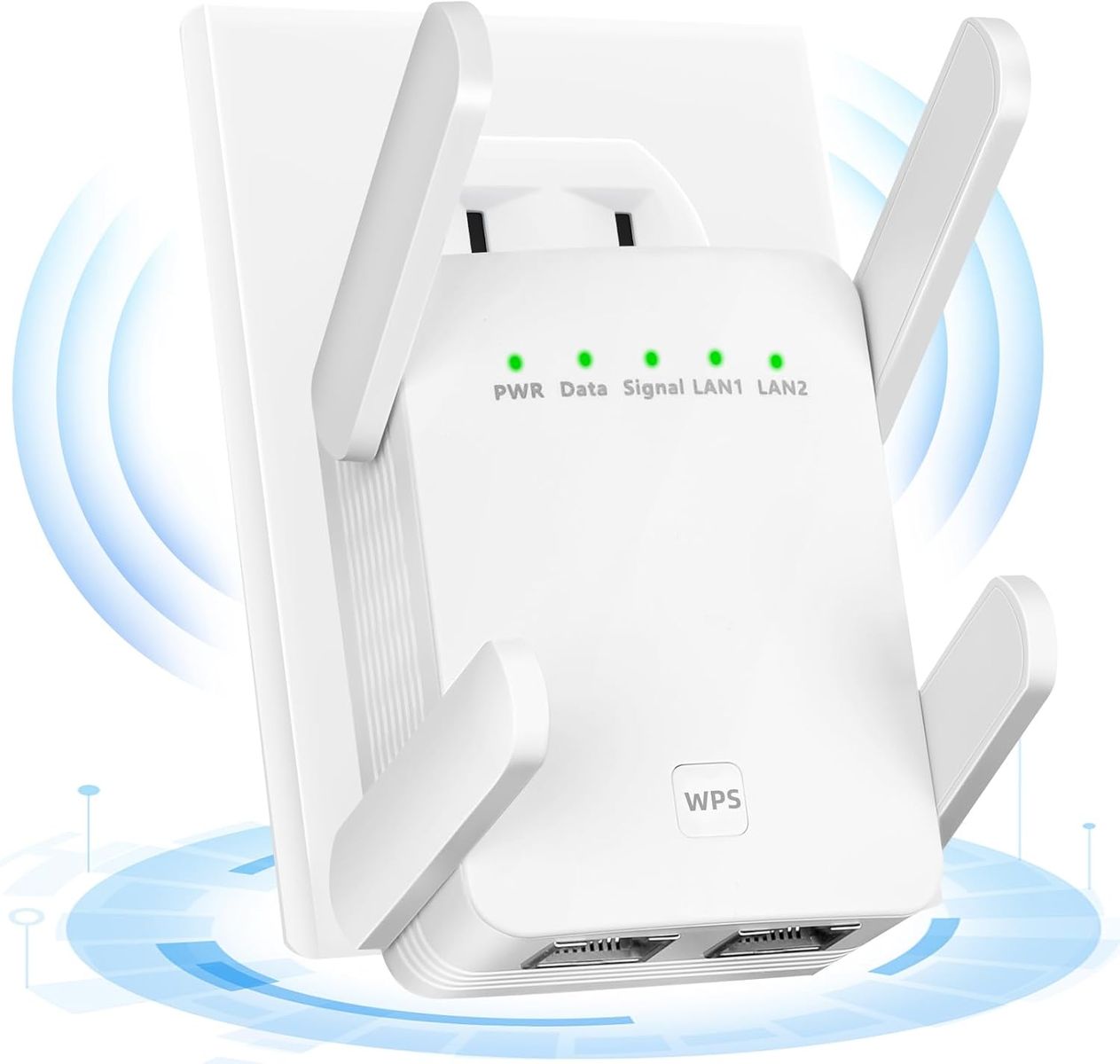 GOOPOOL YJJ-ZJQ-00 WLAN Repeater Dualband 1200 Mbit/s (2,4 & 5,8 GHz), 4x2 dBi Antennen, WPS, WLAN Extender, Weiß, EU Stecker