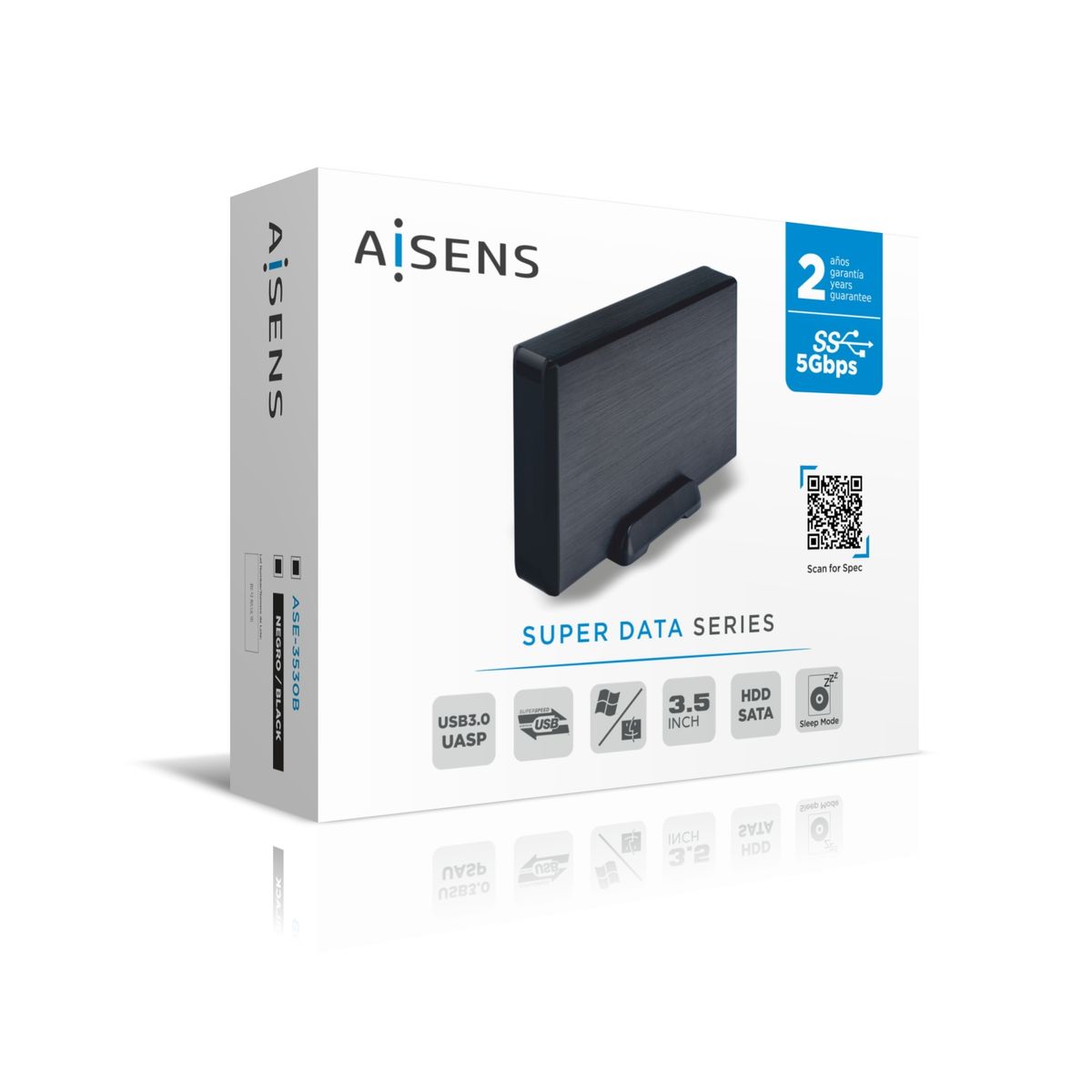 AISENS ASE-3530B HDD-Gehäuse 3.5" 1-Bay, SATA II/III, USB 3.0 (5 Gbit/s) UASP, DC-Netzteil, Aluminium, Schwarz, Max. 2 TB