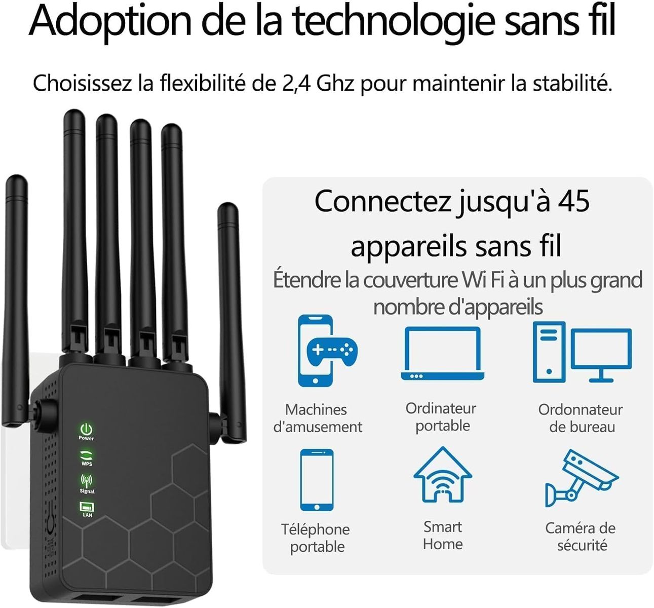 Générique QS3 WLAN-Repeater 2,4 GHz 300 Mbit/s, 6 Antennen, 2 LAN-Ports, Repeater/AP/Router-Modus, WiFi-Extender, Schwarz