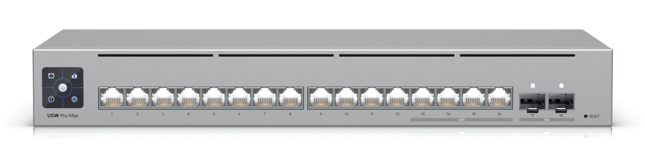 Ubiquiti USW-PRO-MAX-16 L3 Switch, 16x 2.5G (100/1000/2500) Kupfer, 2x SFP+ 10G, 1U Rack, Grau, Netzteil enthalten