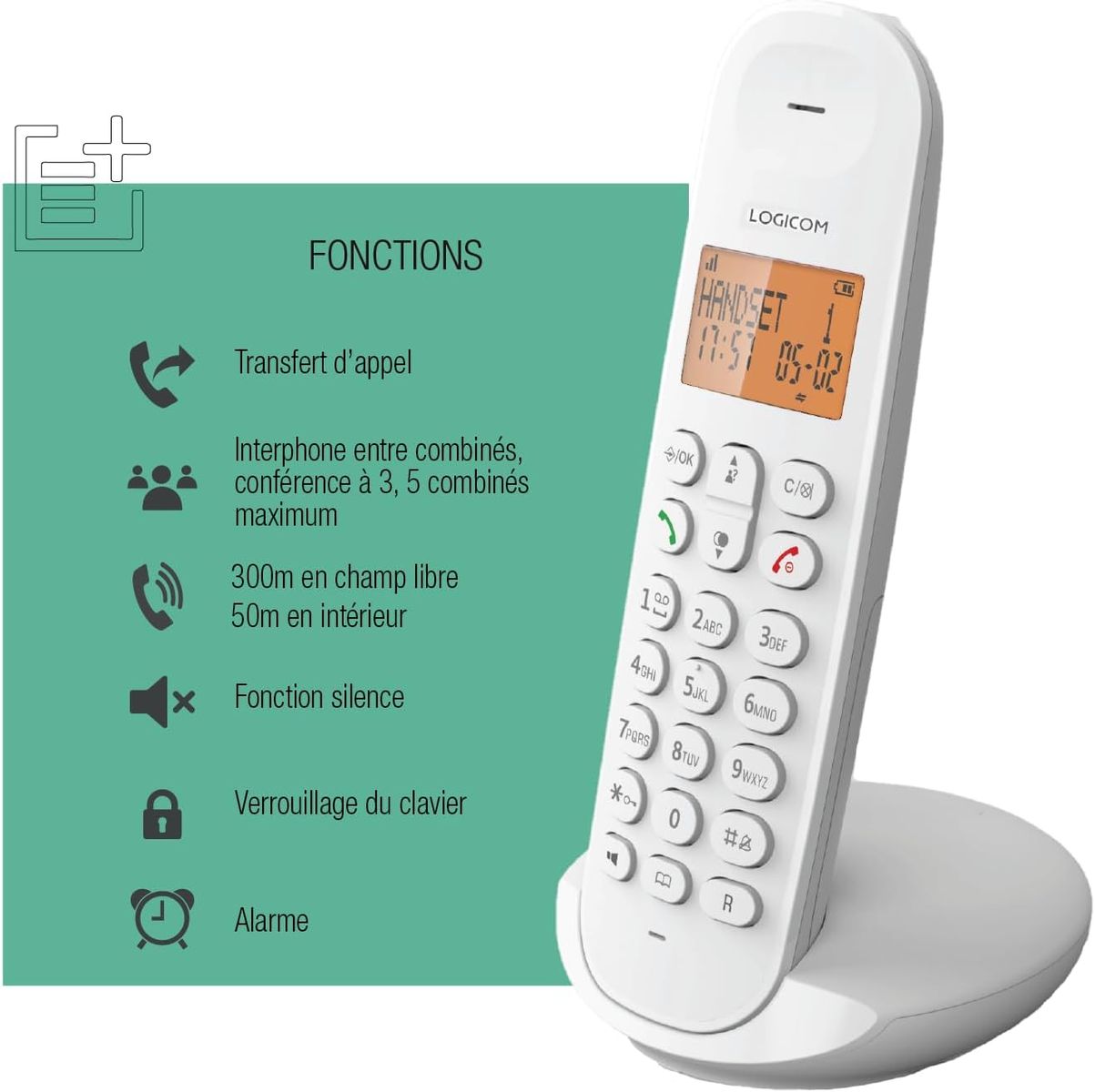LOGICOM Schnurloses Festnetztelefon Iloa 150 Weiß, analoge und DECT-Telefone, 7 Std. Sprechzeit, 50 Kontakte, 10 Klingeltöne, Freisprecheinrichtung, Tastatursperre, Alarm