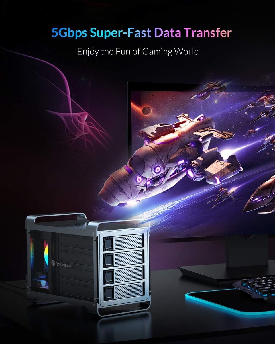 Yottamaster DF4RU3 4-Bay externes HDD-Gehäuse, RAID 0/1/3/5/10/JBOD/PM, USB 3.0, 4x 3,5/2,5 Zoll HDD/SSD, 80 mm leiser RGB-Lüfter, bis 72 TB