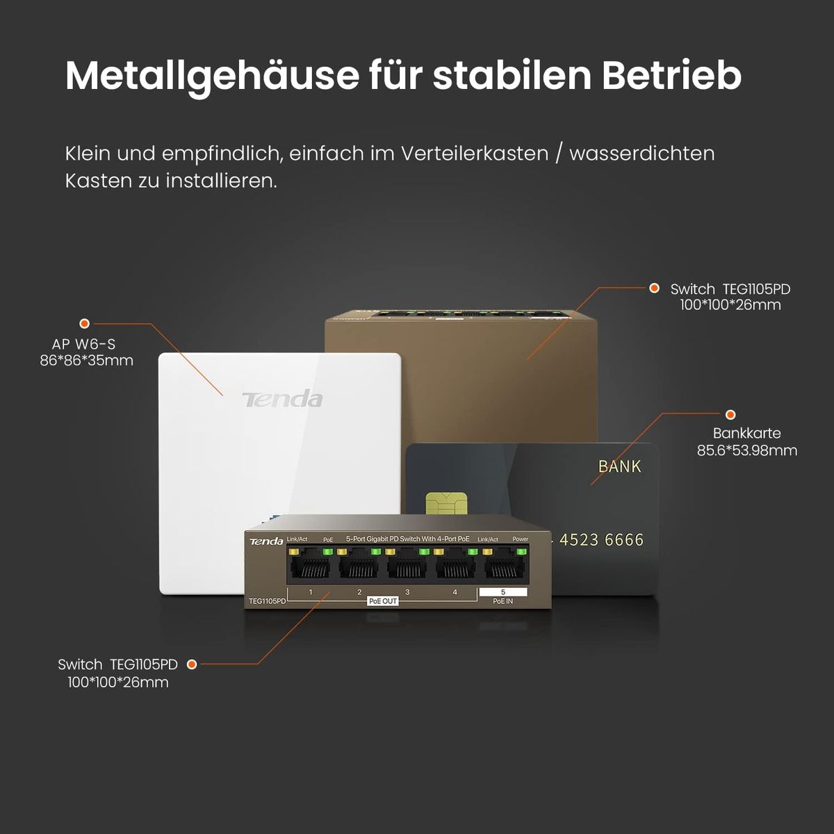 Tenda 5 Port PoE Switch ohne Netzteil, Gigabit PoE Powered Switch (1 PoE In & 4 PoE Out, Plug-and-Play PoE PD Switch, Lüfterlos, Metallgehäuse)(TEG1105PD) PoE Powered Switch ohne Netzteil