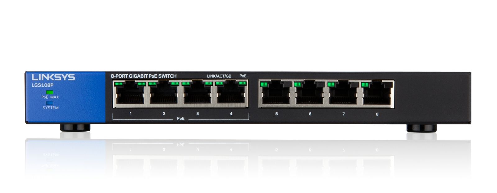 Linksys LGS108P-EU 8-Port Unmanaged Gigabit-Netzwerk-PoE-Switch 4 PoE+-Ports Ethernet-Switch – bis zu 1000 Mbit/s für Büros zu Hause IP-Überwachung – Platzierung auf dem Schreibtisch POE 8 Port Unmanaged