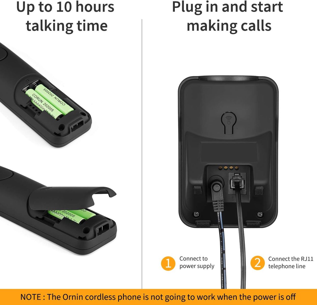 Ornin D1005 Schnurloses Telefon zu Hause, ECO-Technologie, Gummiöleinspritzung (Einzelpackung) Single Pack Schwarz