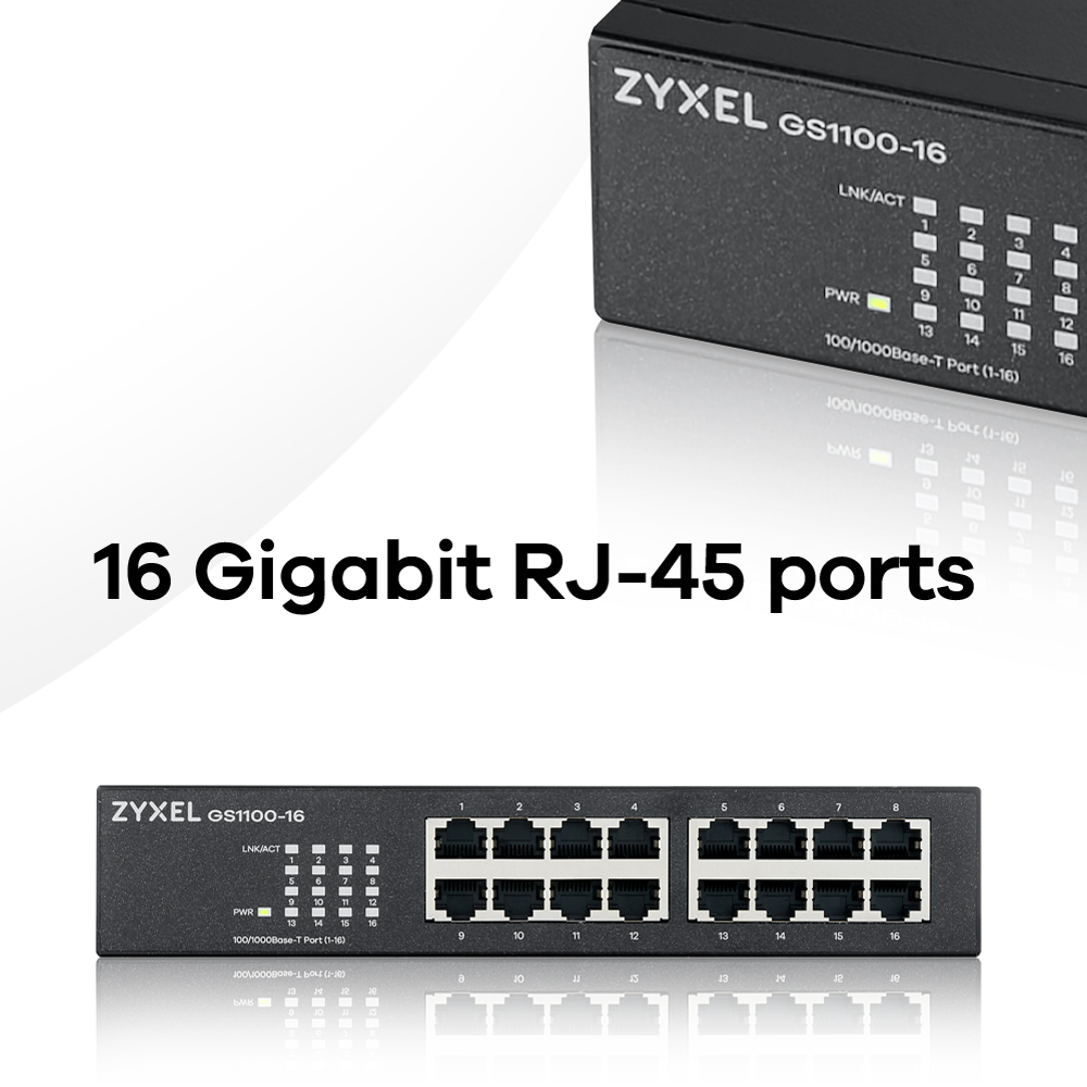 Zyxel GS1100-16 Unmanaged Gigabit Switch, 16x RJ45 10/100/1000, Fanless, Rack-Einbau, 32 Gbit/s, 8000 MAC-Adressen