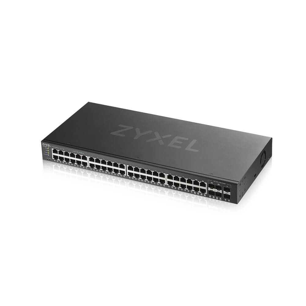 Zyxel GS1920-48V2 Managed 48-Port Gigabit Switch, 44x RJ-45 + 4x SFP Combo, 100 Gbit/s Switching, Rack‑einbau, Schwarz