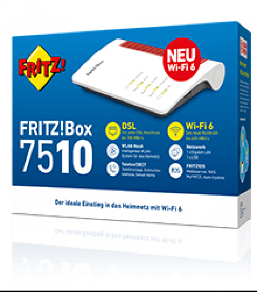 AVM FRITZ!Box 7510 (Wi-Fi 6 Router (WLAN AX), bis zu 600 MBit/s (2,4 GHz), VDSL-Supervectoring 35b bis zu 300 MBit/s, WLAN Mesh, DECT-Basis, Media Server, geeignet für Deutschland)