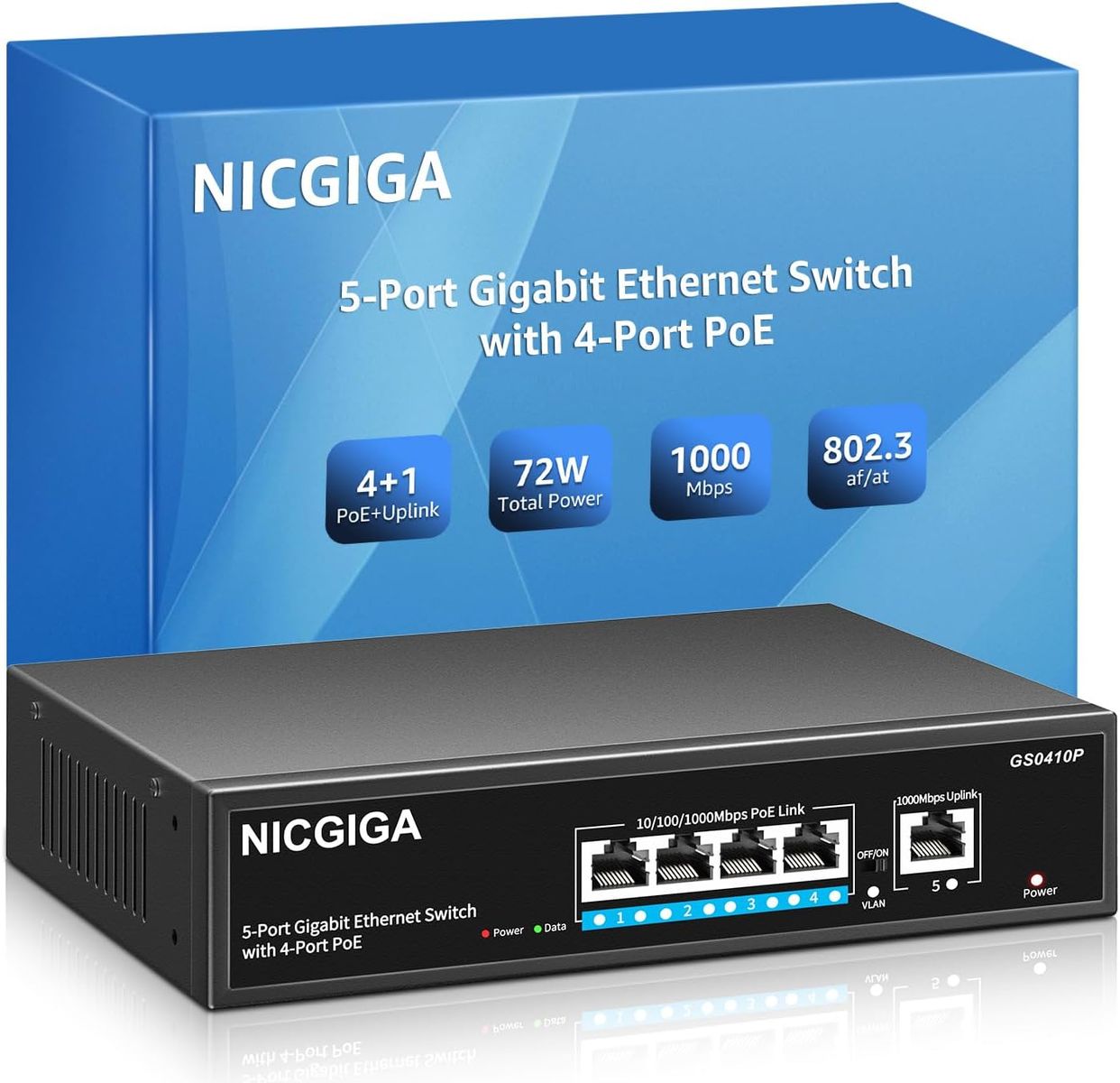 NICGIGA GS0410P 5-Port Gigabit PoE+ Switch, 4x PoE Ports 72W, 1x Uplink, Unmanaged, One-Key VLAN, lüfterloses Metallgehäuse, RJ45, EU