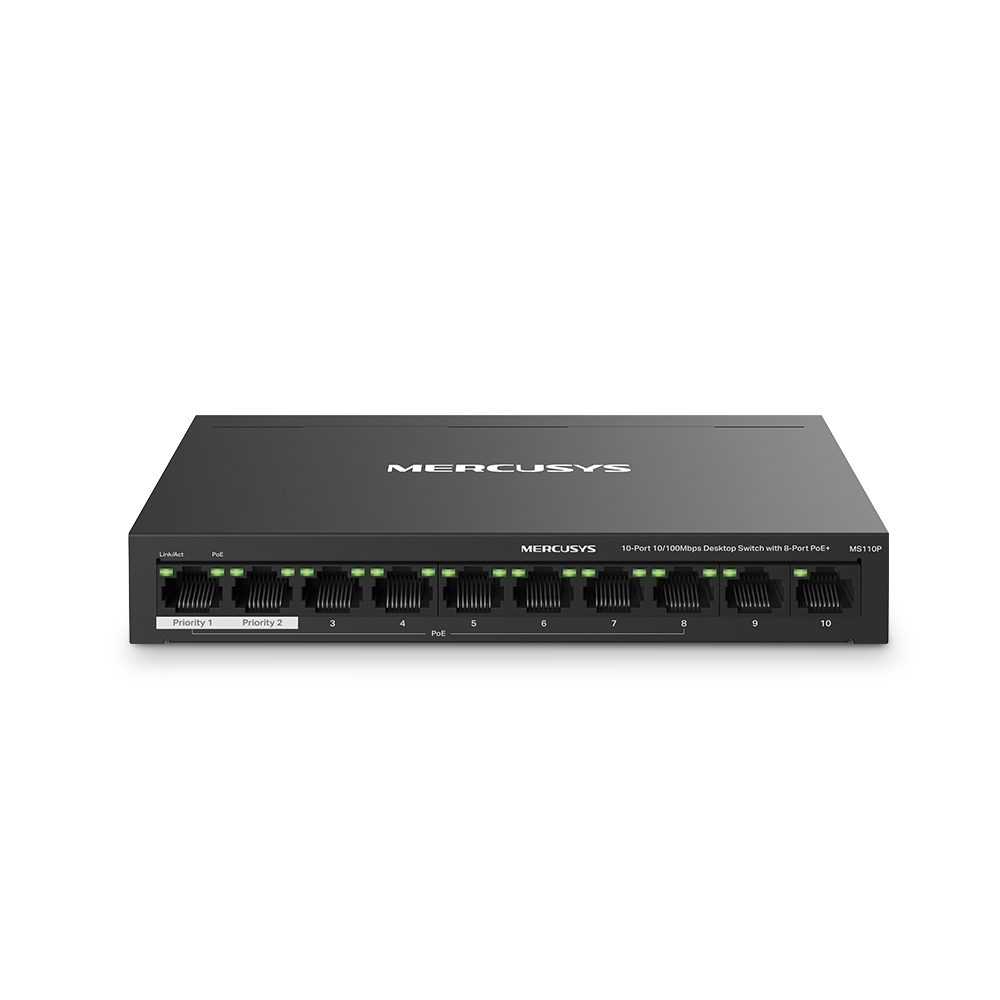 Mercusys MS110P Managed Netzwerk-Switch, 10x 10/100 Mbit/s, 8x PoE, 2x PoE+, 65W pro Port, Web-Management, Wandmontage, Schwarz MS110P(UN) V1.0