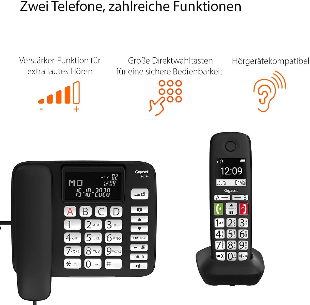 Gigaset DL780 Plus corded phone cordless phone combo set amplifier function for extra loud hearing hearing aid compatible shared phone book