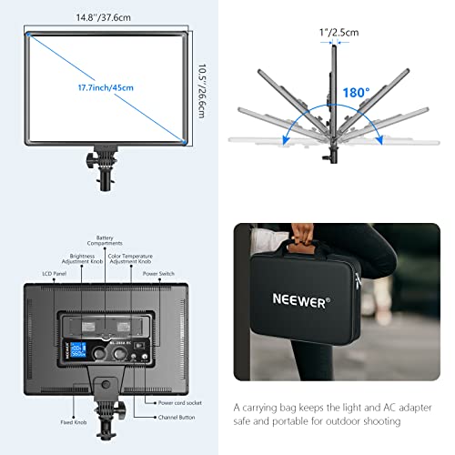 Neewer NL-285APC LED-Video-Lichtpanel, 288 LEDs, 45 W, 4800 lm, 3200–5600 K, dimmbar, 2,4 GHz Fernbedienung, AC-Adapter & NP-F Akku-Option, Softlicht für Foto & Video