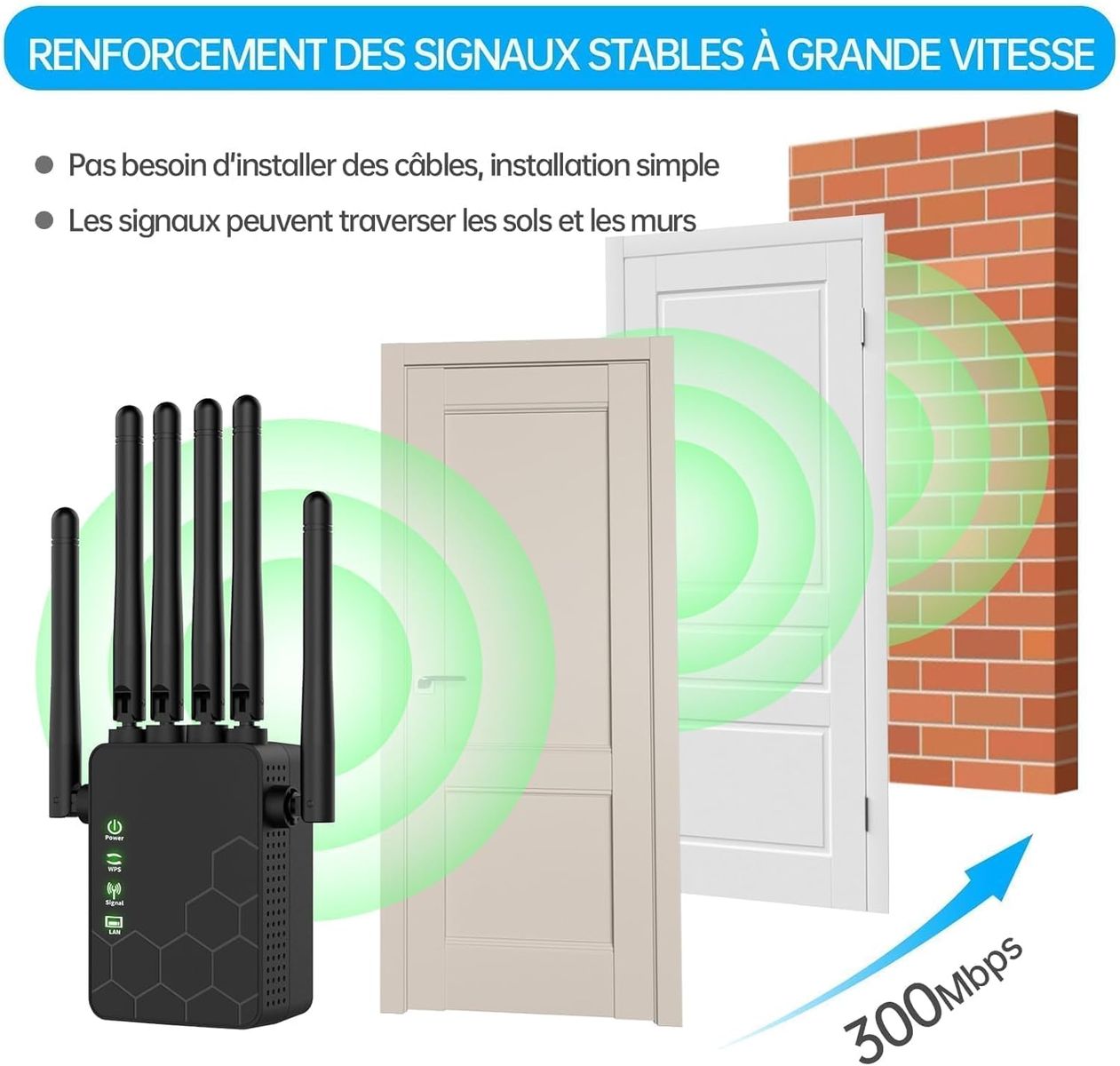 Générique QS3 WLAN-Repeater 2,4 GHz 300 Mbit/s, 6 Antennen, 2 LAN-Ports, Repeater/AP/Router-Modus, WiFi-Extender, Schwarz
