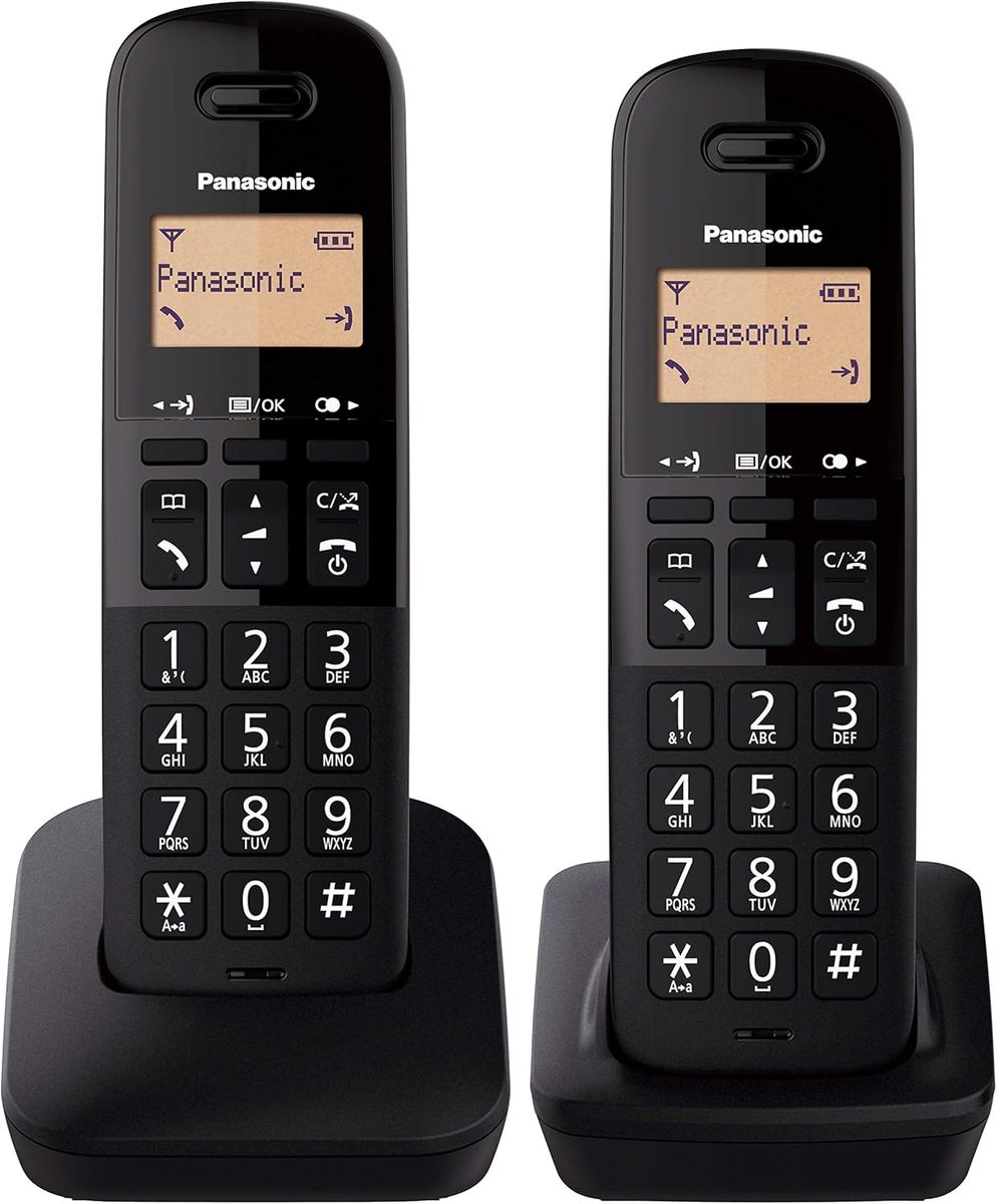 Panasonic KX-TGB612 Schnurloses DECT-Festnetztelefon Duo, Basisstation + 2 Handteile, Anruferkennung & Anrufsperre, Stoßfest, Extra lauter Hörer, 1,4 Zoll LCD, Schwarz