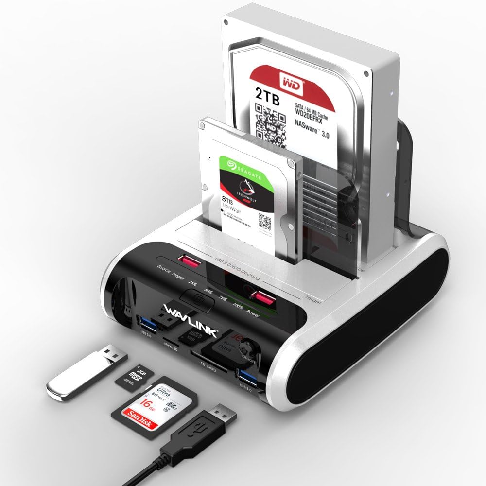 WAVLINK USB 3.0 zu SATA mit Offline Klonfunktion,Dual-Bay externe Festplatten Dockingstation für 2,5" und 3,5" SATA I/II/III HDD/SSD, Unterstützt UASP und 2 x 10 TB Laufwerke, USB 3.0 SD & TF-Leseschlitz