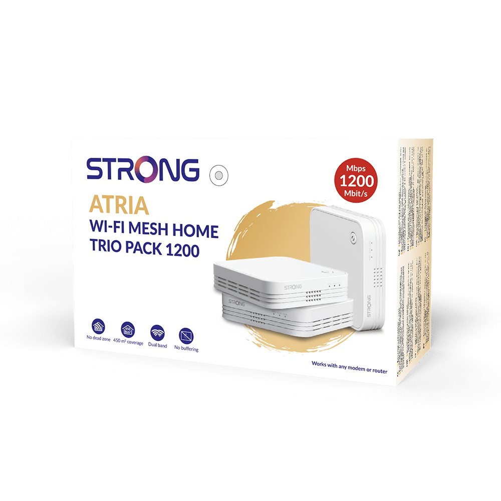 Strong MESHTRI1200EUV2 Mesh Home Trio Pack 1200, Dual-Band (2,4/5 GHz) Wi-Fi 5 (802.11ac), Weiß, 3er-Set, 3x LAN, interne Antennen, 8 W
