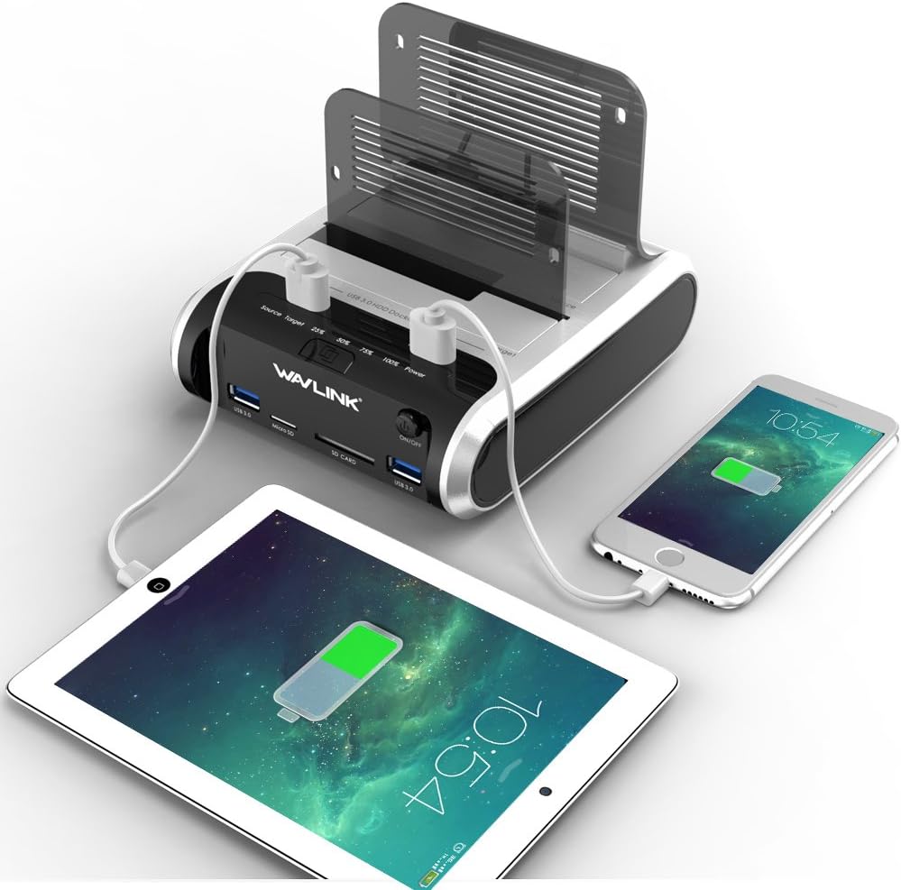 WAVLINK USB 3.0 zu SATA mit Offline Klonfunktion,Dual-Bay externe Festplatten Dockingstation für 2,5" und 3,5" SATA I/II/III HDD/SSD, Unterstützt UASP und 2 x 10 TB Laufwerke, USB 3.0 SD & TF-Leseschlitz