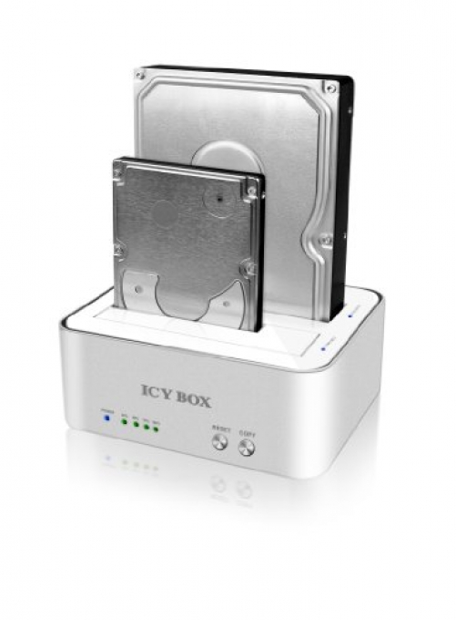 ICY BOX IB-120CL-U3 2-fach Dockingstation für 2,5" 6,35 cm 3,5" 8,9 cm SATA HDD/SSD USB 3.0 Klonfunktion JBOD/weiß