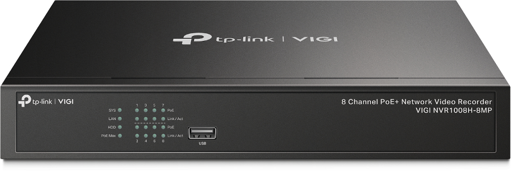 TP-Link VIGI NVR1008H-8MP V1.0 8-Kanal PoE+ Netzwerk-Video-Recorder, 4K (3840x2160), 10 TB SATA, HDMI & VGA, Schwarz
