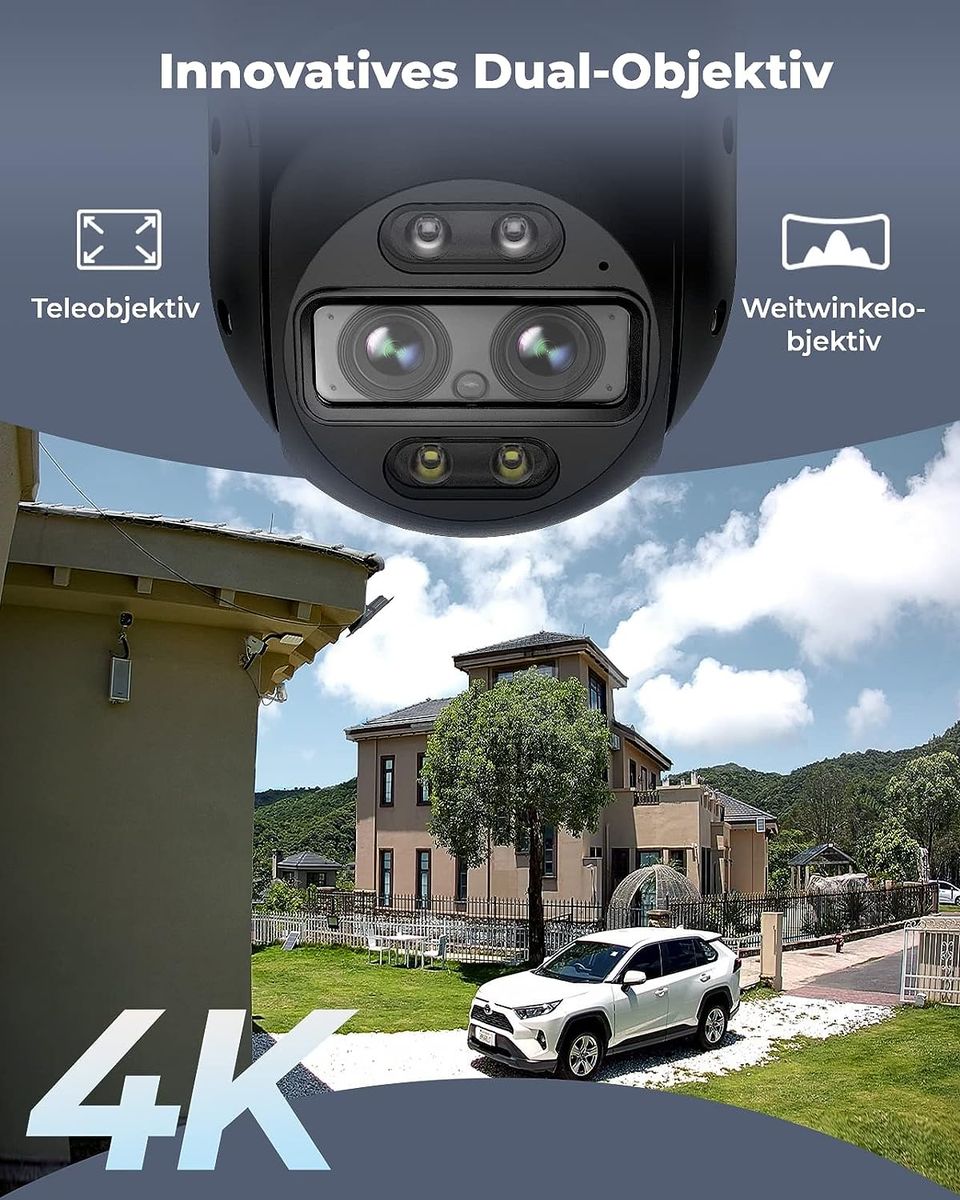 Reolink 4K 8MP PTZ Überwachungskamera Aussen mit Dual-Objektiv, 2,4/5GHz WLAN, Auto-Tracking, Smarte Personen-/Fahrzeug-/Haustiererkennung, 6X Hybrid-Zoom, Farbnachtsicht, 2-Wege-Audio, Trackmix WiFi
