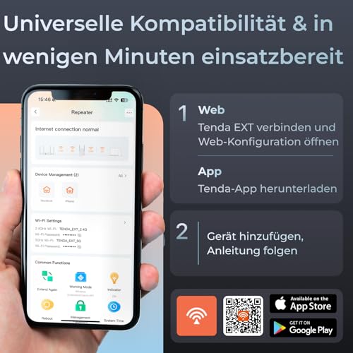 Tenda A18 V4.0 WLAN-Repeater Dualband AC1200, 867 Mbit/s 5 GHz + 300 Mbit/s 2,4 GHz, kompatibel mit FritzBox, Abdeckung 150 m², App-Steuerung, AP-Modus