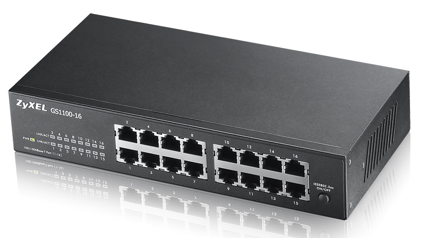Zyxel GS1100-16 Unmanaged Gigabit Switch, 16x RJ45 10/100/1000, Fanless, Rack-Einbau, 32 Gbit/s, 8000 MAC-Adressen