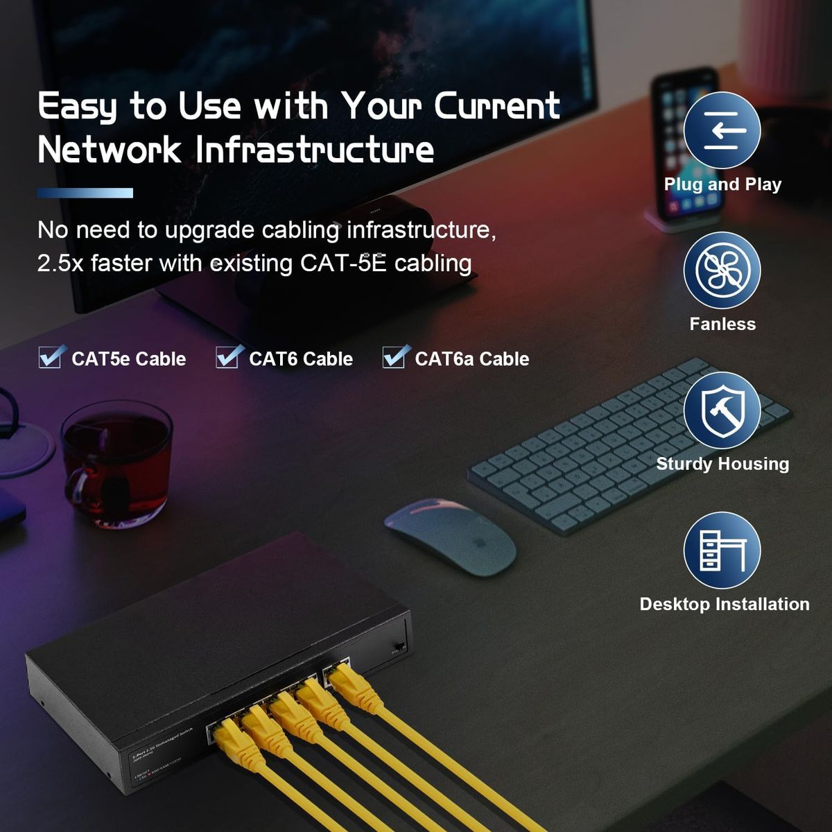 Binardat 5x2.5G 5-Port 2,5G Unmanaged Desktop Switch, 5 x 2,5 Gbit/s RJ45 Ports, VLAN, Metallgehäuse, Plug-Type C (EU)