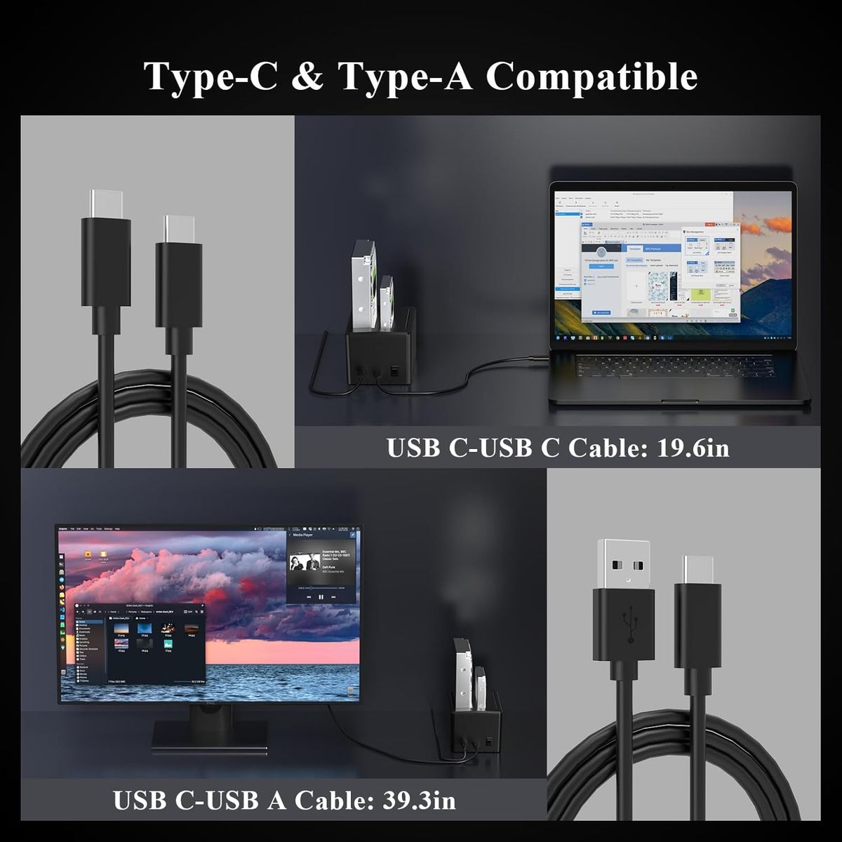 FIDECO YPZ220C 2-Bay Festplatten-Dockingstation, USB 3.2 Gen1 Type-C Anschluss, SATA 2,5 & 3,5 Zoll HDD/SSD, Offline-Klonfunktion, UASP
