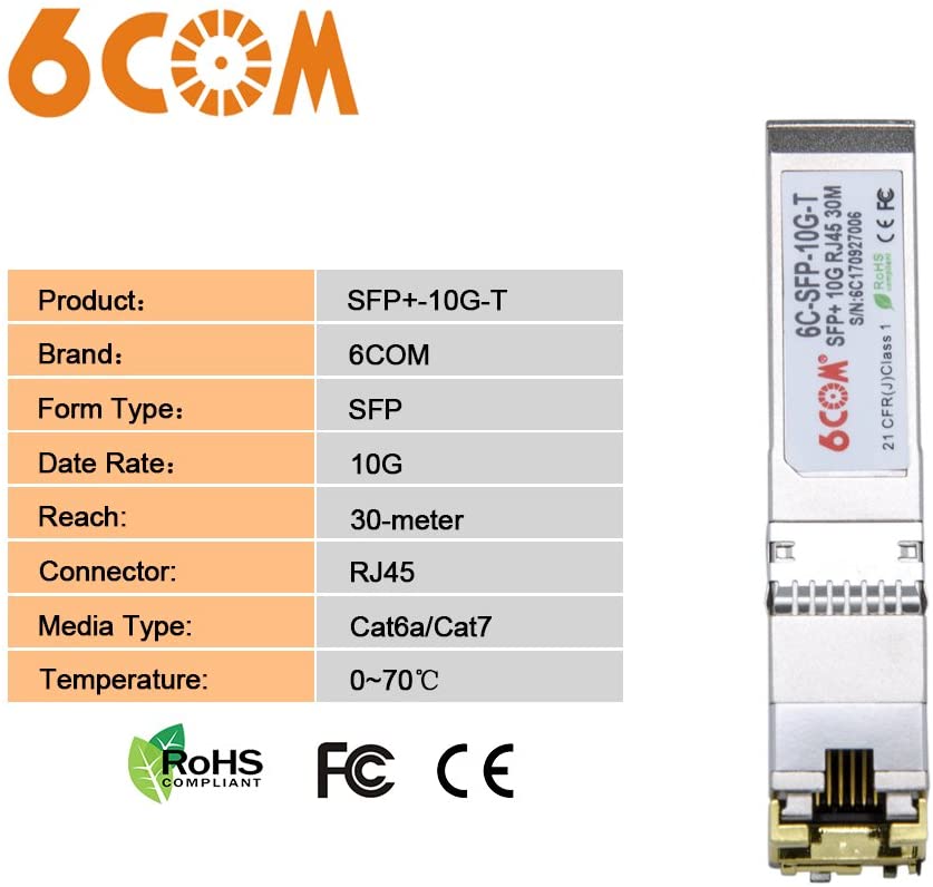 6COMGIGA 10GBase-T SFP+ RJ45 Copper Transceiver Module for Cisco SFP-10G-T-S, Ubiquiti, D-Link, Supermicro, Netgear and Mikrotik Modules (Cat6a/7, 30 meters) 10GBase-T: up to 30M