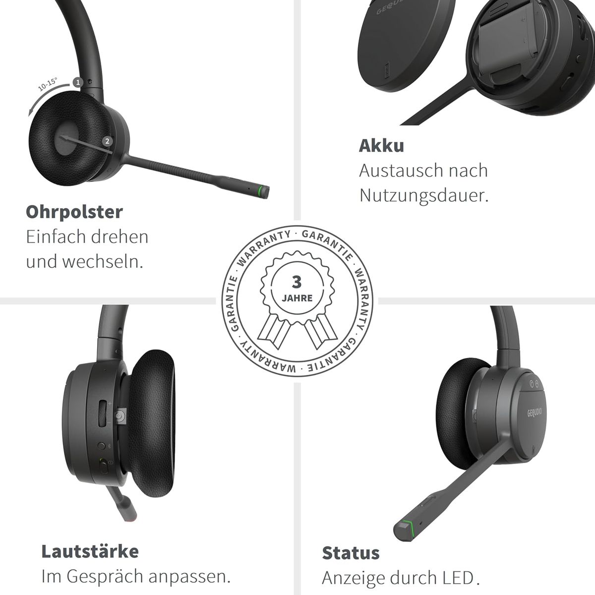 GEQUDIO GC-2 DECT Headset mit Ladestation für FritzBox - Aktive Geräuschunterdrückung - Schnurloses Telefonieren am FritzFon - Dual Headset mit Bluetooth - GC-2 (2-Ohr) & Ladestation