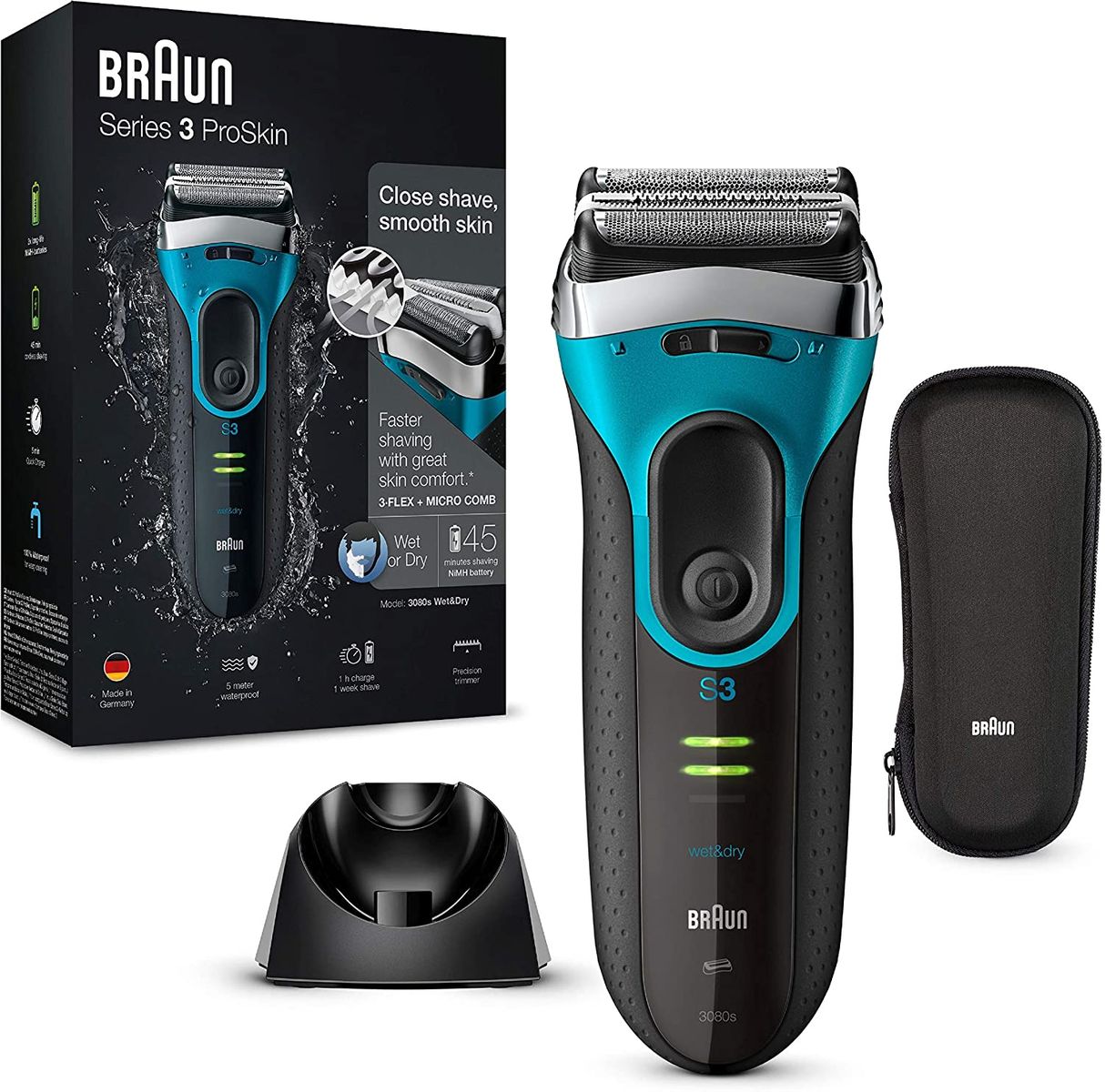 Braun Series 3 ProSkin 3080s Mens Electric Beard Shaver, Rechargeable Electric Shaver + Refill Base, Black / Blue Braun Series 3 ProSkin 3080 Solo Shaver