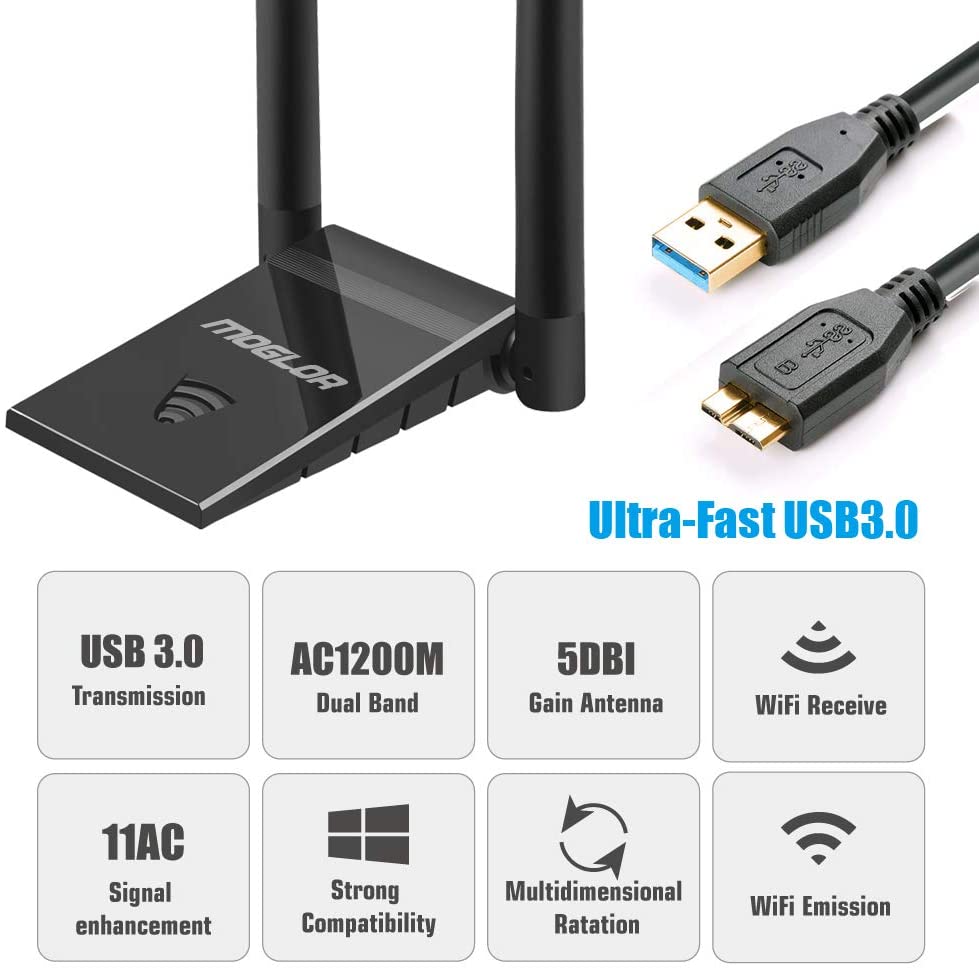 Moglor WLAN Stick Adapter USB WiFi Antenna PC Dongle 5GHz/867Mbps 2.4 GHz/300 Mbps Dual Band 5dBi Network