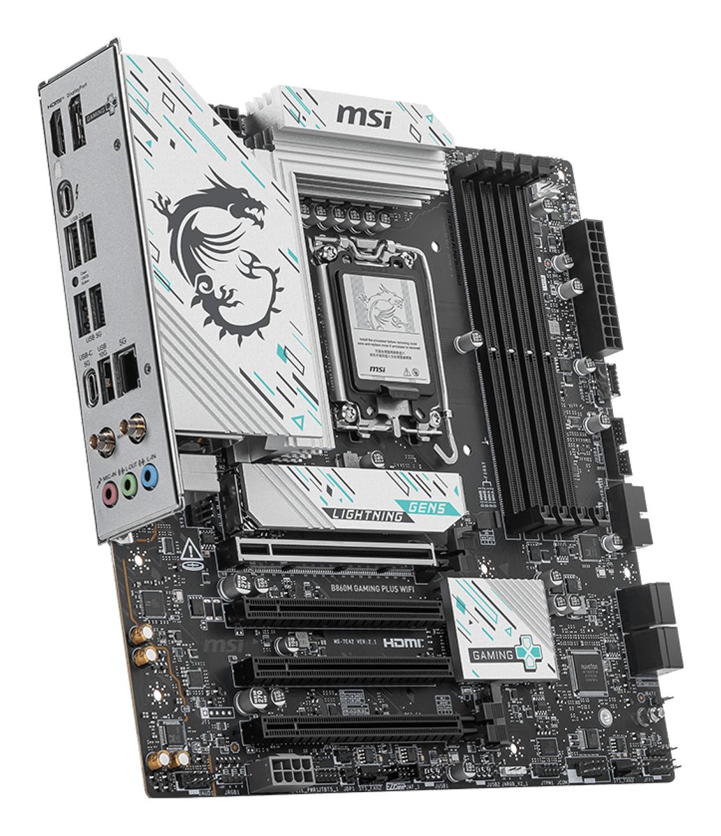 MSI B860M GAMING PLUS WIFI Mainboard, Intel B860, LGA 1851 (Socket V1), micro ATX, DDR5, 4x DIMM, Wi‑Fi 7, 5 Gbit Ethernet, Bluetooth 5.4, 3x M.2, HDMI 2.1