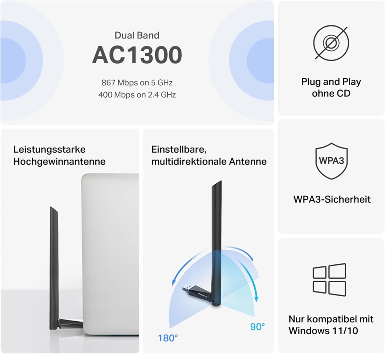 Mercusys MA30H AC1300 High Gain USB WLAN Stick Adapter mit Antennen(bis zu 867 Mbit/s 5GHz, 400 Mbit/s 2,4GHz, nur Kompatibel mit Windows 11/10 (32/64 bit) AC1300 Mbps