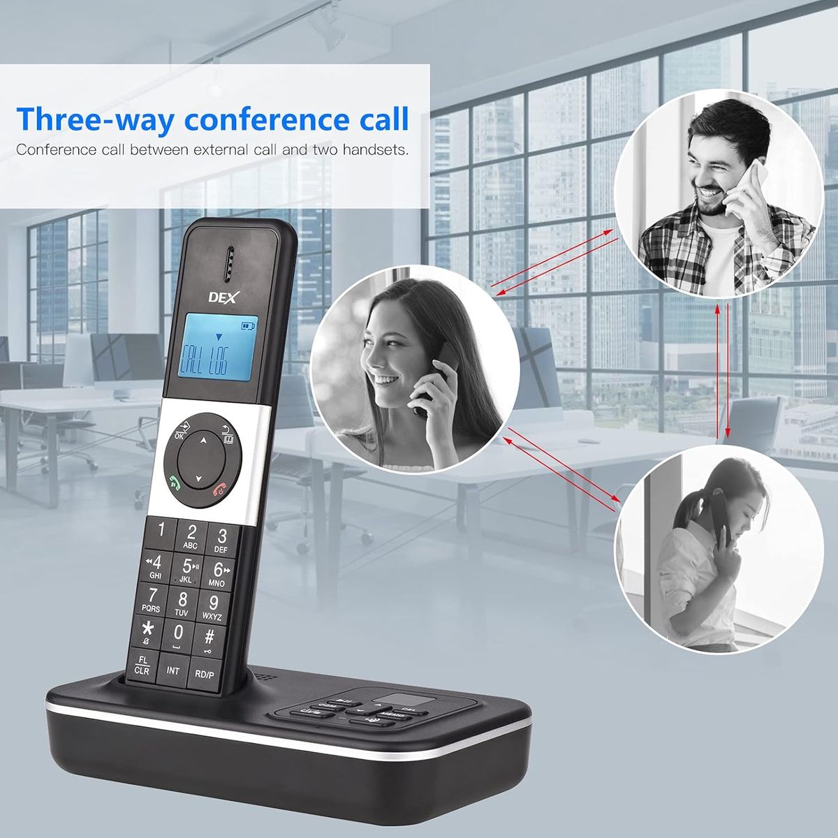 Bisofice D1002 Telefon Schnurlos 3 Mobilteile mit Anrufbeantworter, Anrufer-ID/Anklopfen, 1,6-Zoll-LCD-Bildschirm, 16 Sprachen, Schnurlostelefon für Büro- und Heimkonferenzen
