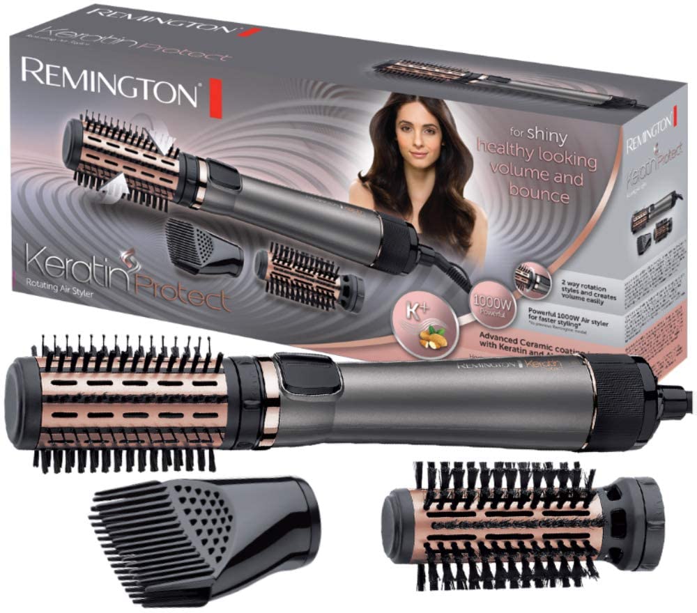 Remington warm air brush rotating (automatic) Keratin Protect (incl. 3 attachments: 2 round brushes + hairline booster for more volume, keratin ceramic coating enriched with almond oil) AS8810
