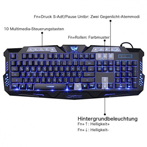Gaming Tastatur und Maus Set MFTEK USB Verdrahtete LED Beleuchtet 3 Farben Blau/Rot/Lila Tastatur mit 7 Tasten Hinterleuchtet Gaming Maus Adjustable DPI und Mauspad Schwarz