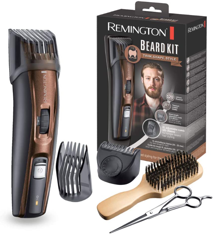 Remington beard trimmer men set incl. XL comb for full beard 3 attachment combs stubble short & XL comb titanium coated self-sharpening blades hair clipper beard trimmer MB4046