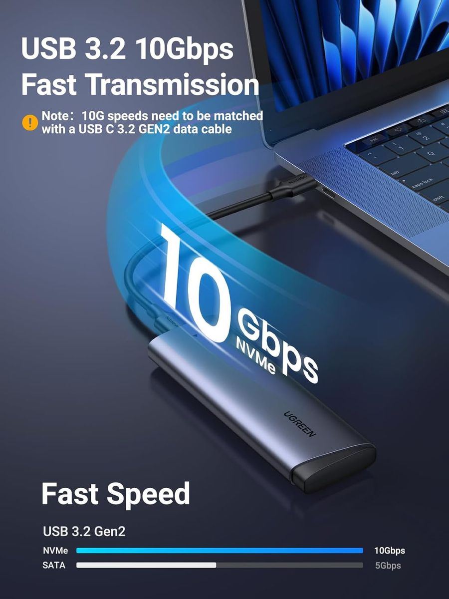 UGREEN M.2 NVMe SSD Gehäuse, USB 3.2 Gen 2 10 Gbps für NVMe PCIe M-Key/M+B Key 2230/2242/2260/2280, Aluminium, inkl. USB-C-Kabel