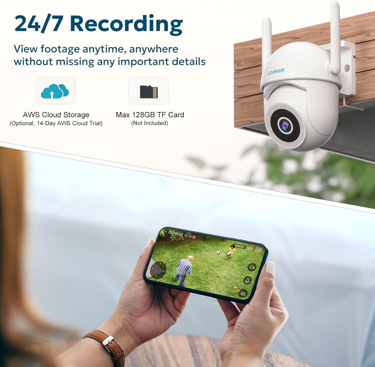 litokam Überwachungskamera Aussen, 4MP WLAN Kamera Outdoor mit Bewegungserkennung, Zwei-Wege-Audio, 360° PTZ Kamera überwachung aussen, WLAN Überwachungskamera Außen für Babyphone mit Alexa 1 Stück-2.4Ghz Weiß
