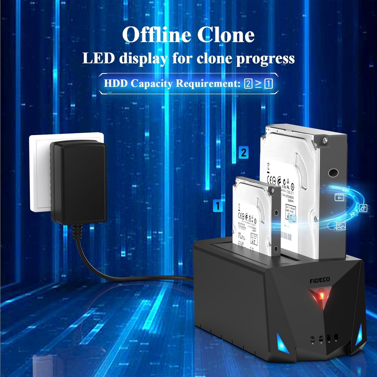 FIDECO YPZ220C 2-Bay Festplatten-Dockingstation, USB 3.2 Gen1 Type-C Anschluss, SATA 2,5 & 3,5 Zoll HDD/SSD, Offline-Klonfunktion, UASP